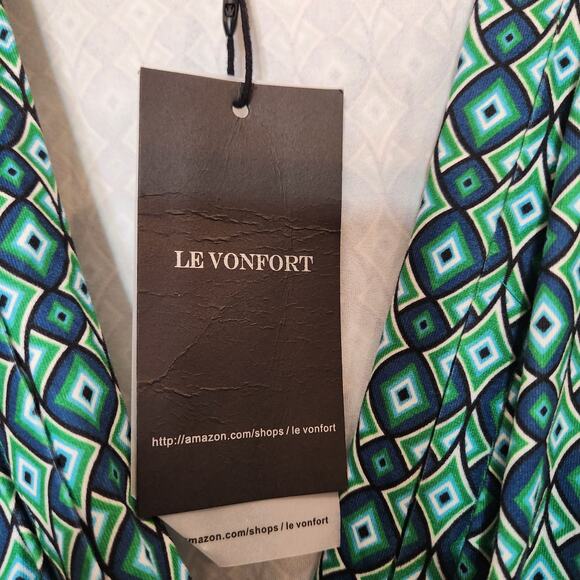 LE VONFORT Green Blue Geometric Surplice Knee Length Dress Womens Large L NEW - Picture 6 of 10